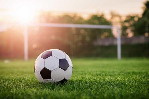 soccer ball sitting in a grassy field in front of a goal post at sunset